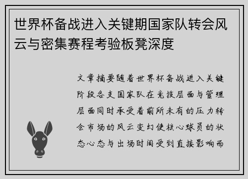 世界杯备战进入关键期国家队转会风云与密集赛程考验板凳深度